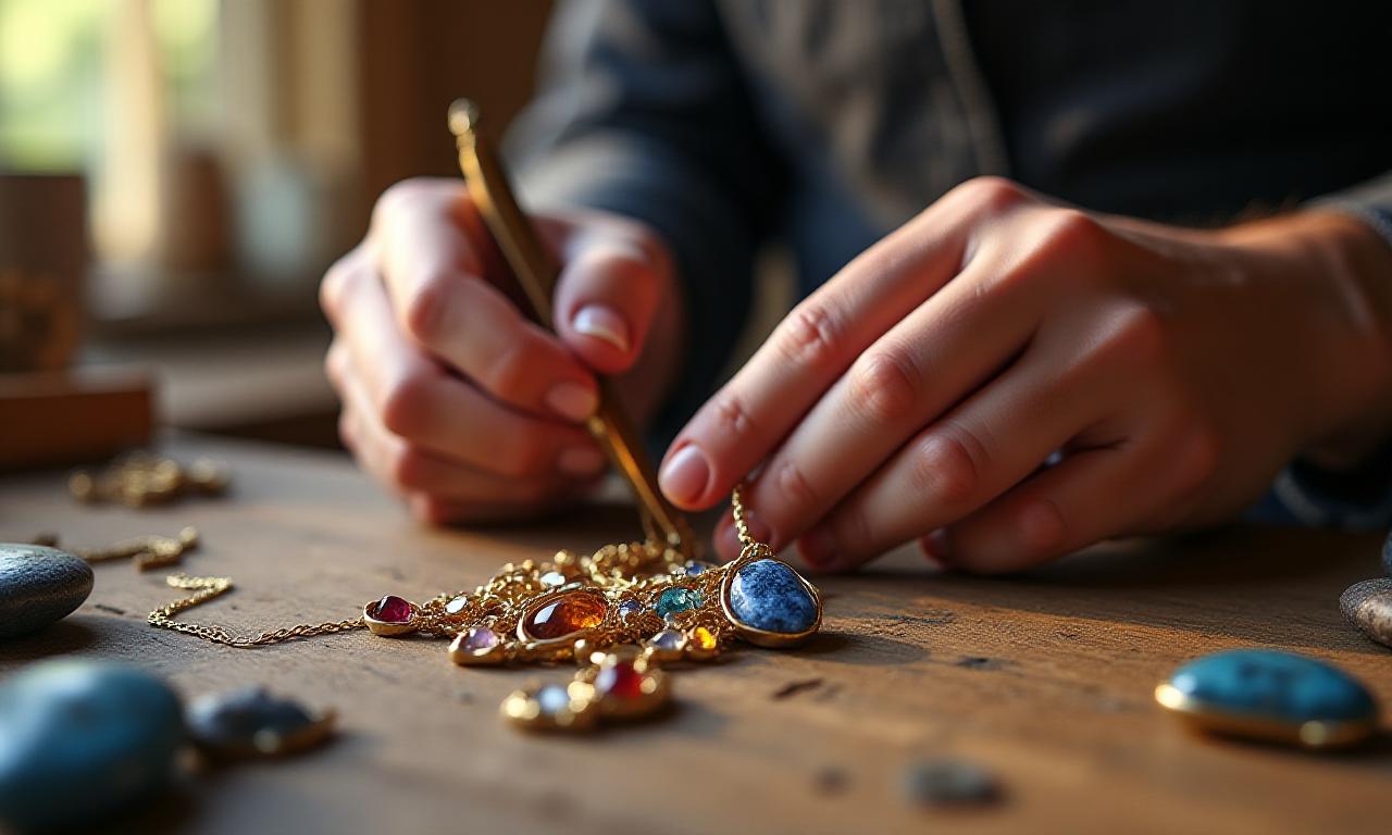 Mani sapienti che lavorano un gioiello in oro con pietre dure