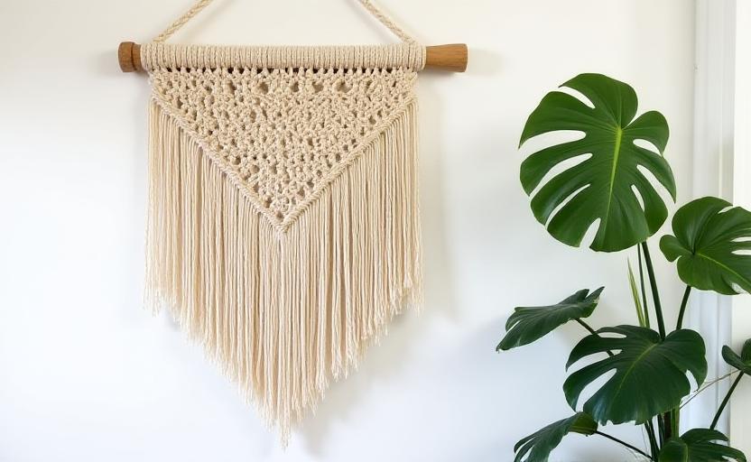 Arazzo in macramè appeso a una parete chiara accanto a una pianta verde