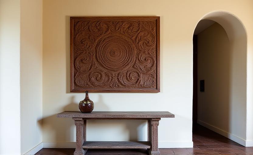 Decorazione murale in legno intagliato posizionata sopra una consolle d'ingresso